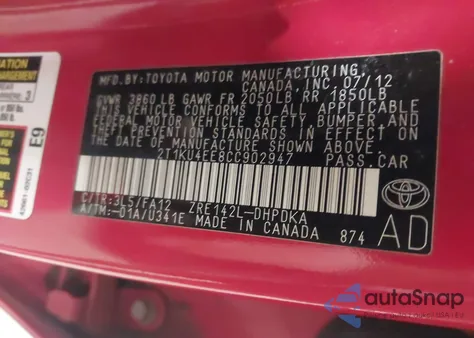 2012 Toyota Matrix L z USA, uszkodzony, nr VIN 2T1KU4EE8CC902947